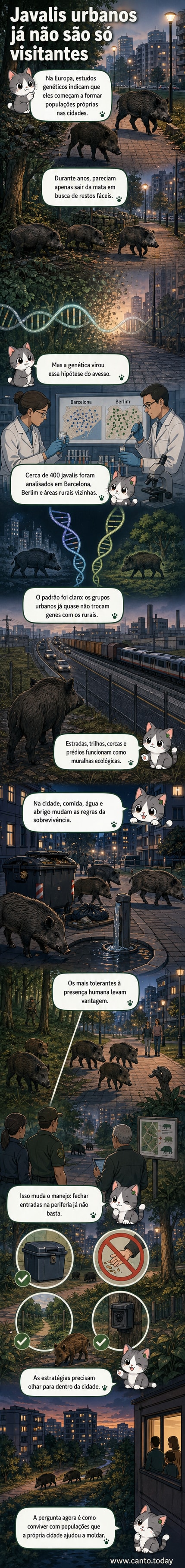 Ilustração de dois javalis: um em floresta e outro em meio urbano, com código genético destacado mostrando diferenças entre os grupos.