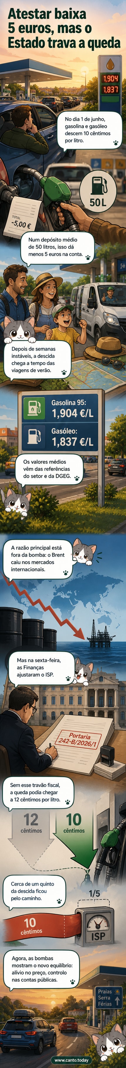 Ilustração de uma bomba de combustível com preços em queda, ao lado de um calendário marcando 1 de junho.