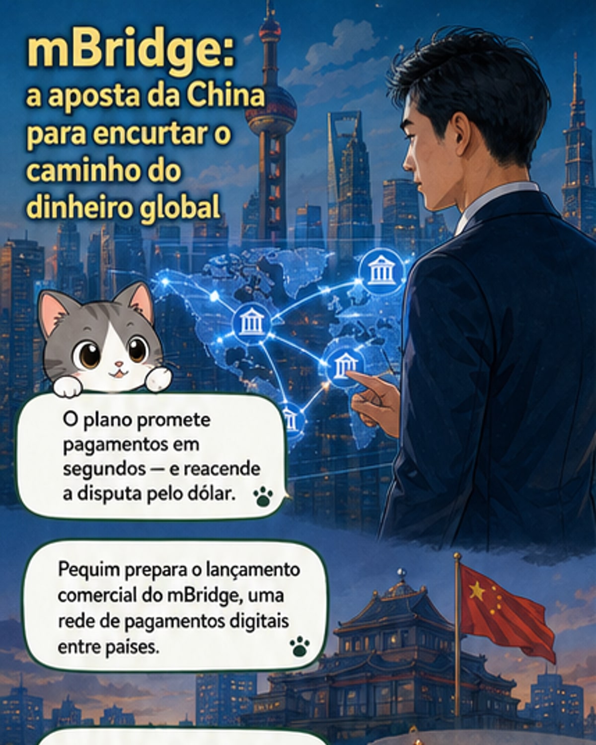 Ilustração de um globo terrestre conectado por linhas digitais blockchain, com ícones de moedas digitais e bancos centrais da China, Emirados Árabes, Tailândia e Arábia Saudita.
