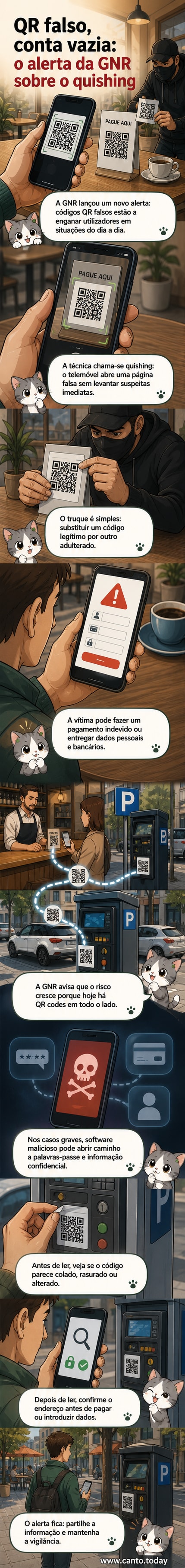 Ilustração de um smartphone a escanear um código QR colado sobre outro, com um ícone de alerta vermelho e um cadeado quebrado ao lado.