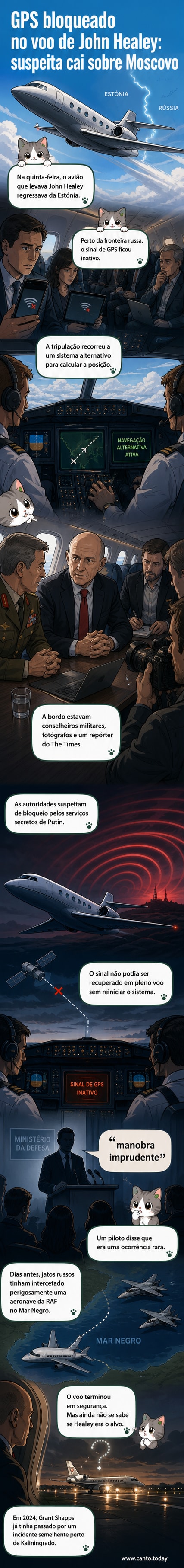 Ilustração de um avião militar britânico sobrevoando nuvens com sinais de GPS sendo bloqueados por uma torre de interferência na fronteira russa