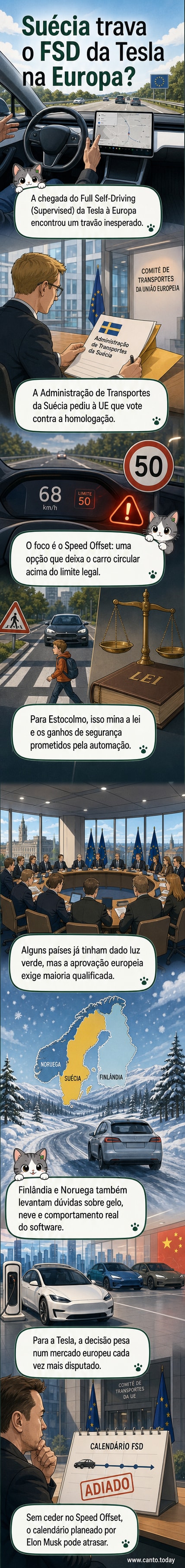 Ilustração de um carro Tesla em estrada europeia com sinal de trânsito mostrando limite de velocidade, enquanto uma autoridade sueca segura um documento com advertência sobre excesso de velocidade.