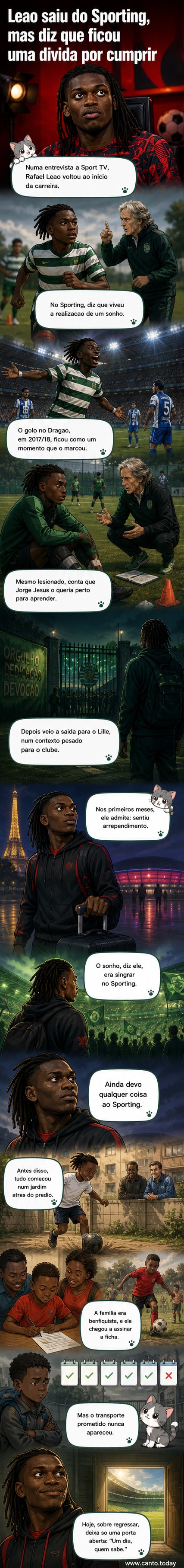 Ilustração de Rafael Leão jovem, entre as camisas do Sporting e do Benfica, com olhar reflexivo.