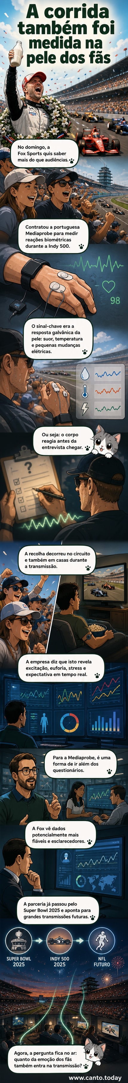 Ilustração de um espectador com sensores no dedo, gráficos de ondas emocionais ao fundo e logótipos da Fox e Mediaprobe