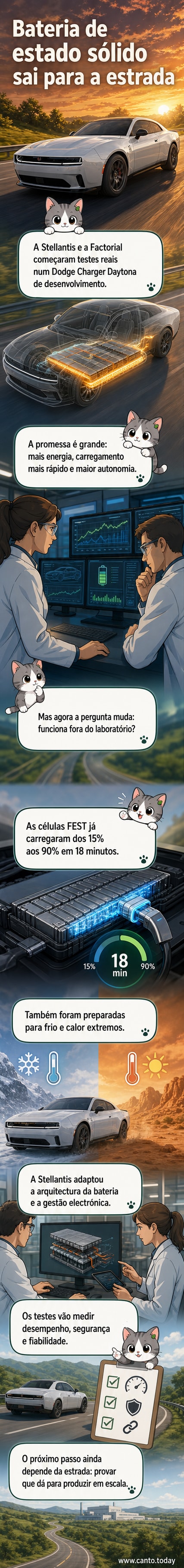 Ilustração de um Dodge Charger Daytona com corte transversal mostrando bateria de estado sólido no compartimento traseiro, com gráficos de carregamento rápido e alta autonomia ao fundo.