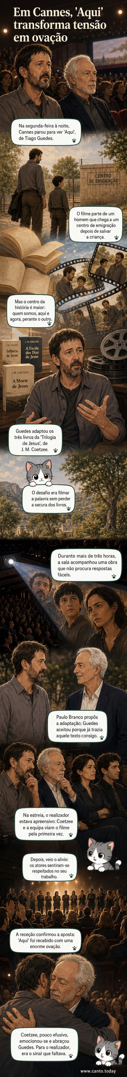 Tiago Guedes e J.M. Coetzee sentados juntos durante a projeção do filme 'Aqui' em Cannes, sob aplausos do público.