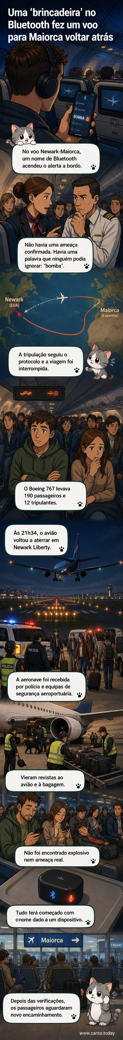 Ilustração de um avião fazendo inversão de rota sobre o Oceano Atlântico, com um dispositivo Bluetooth flutuando ao lado, marcado com a palavra 'bomba'.
