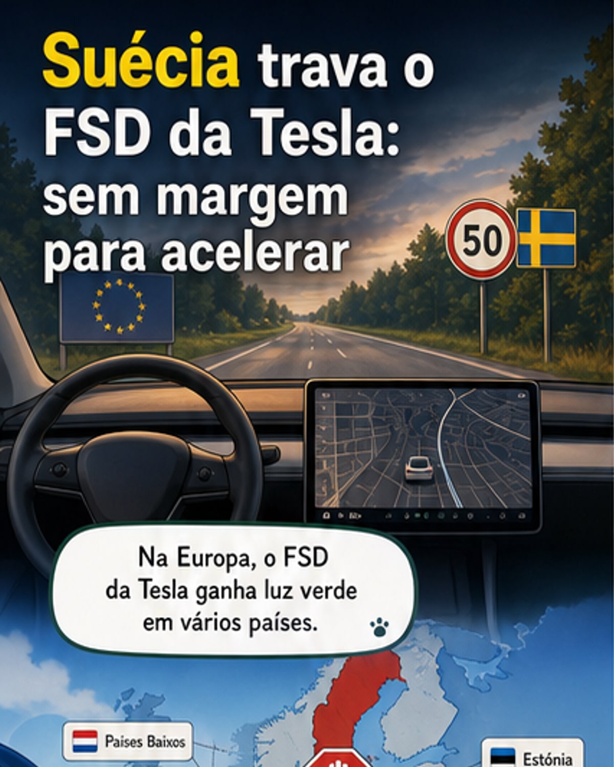 Ilustração de um carro Tesla em estrada europeia com sinal de limite de velocidade ao lado, destacando a tensão entre inovação tecnológica e regras de trânsito.