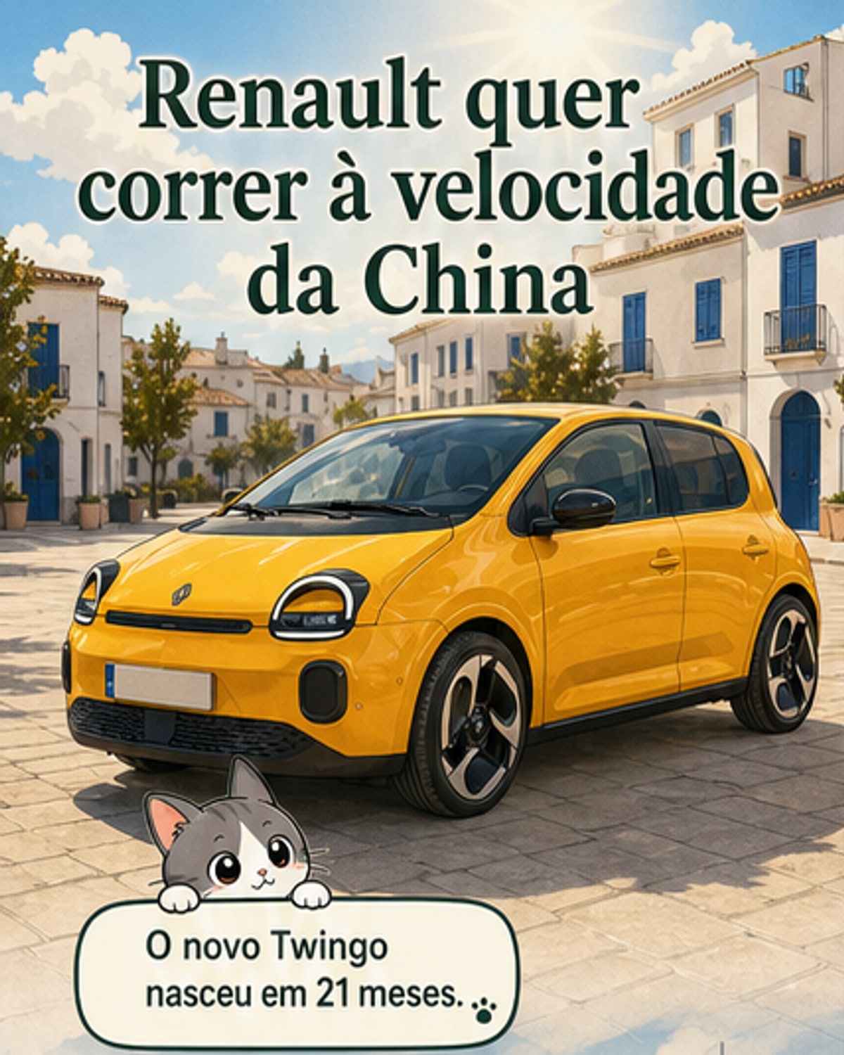 Ilustração de um carro Renault em desenvolvimento digital, com elementos de IA e engrenagens virtuais ao fundo, simbolizando agilidade e inovação tecnológica.