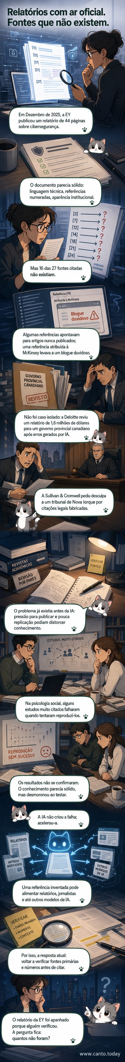 Ilustração de um relatório com selo 'verificado', mas com referências quebradas e links falsos saindo das páginas, simbolizando a fragilidade da informação gerada por IA.