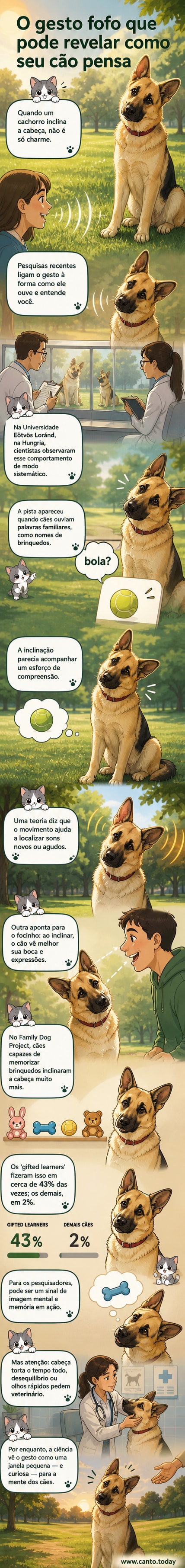Ilustração de um cachorro inclinando a cabeça com curiosidade enquanto uma pessoa fala, fundo com elementos de ondas sonoras e ícones de cérebro.