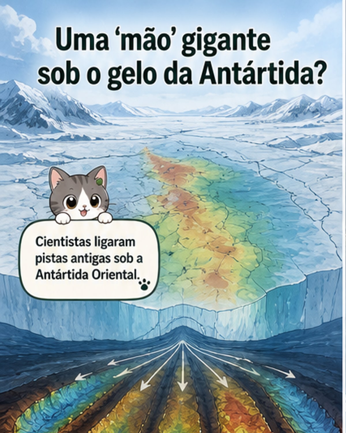 Ilustração de uma mão gigantesca sob o gelo da Antártida, com os dedos representando falhas tectônicas e bacias subglaciais conectadas.