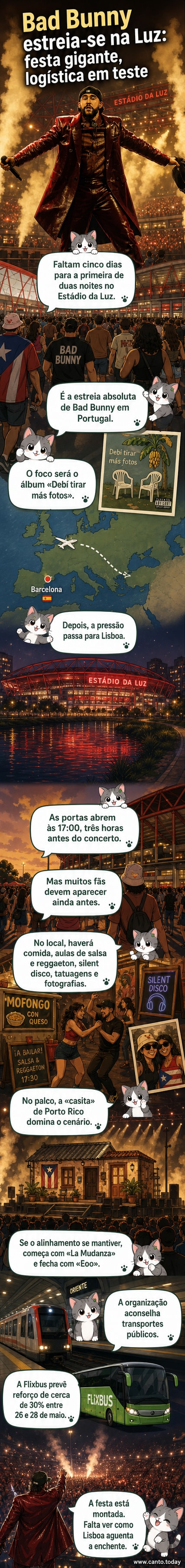 Palco do Estádio da Luz com uma casa tradicional porto-riquenha ('casita') no centro, preparado para o concerto de Bad Bunny.