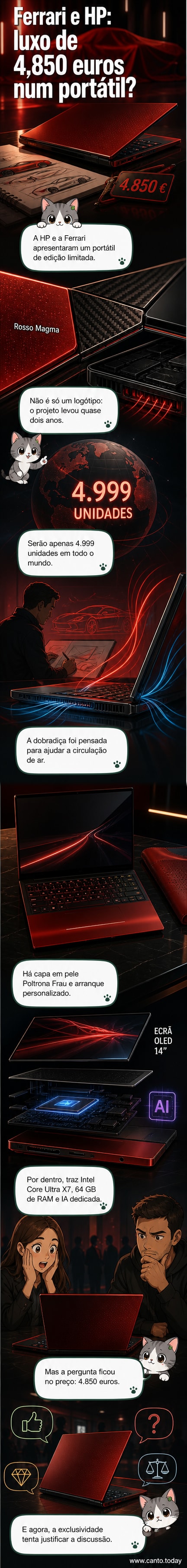 Portátil vermelho com acabamento em fibra de carbono e detalhes em vidro, com o logótipo da Ferrari no canto inferior esquerdo da tampa.