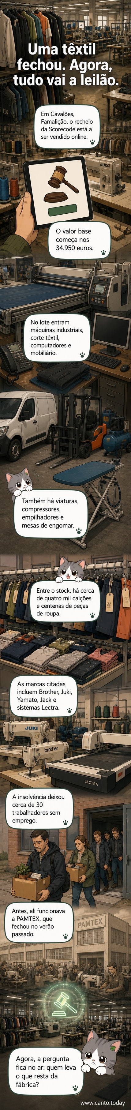Imagem de máquinas industriais e pilhas de roupa em uma fábrica têxtil desativada, parte do leilão da Scorecode em Famalicão.