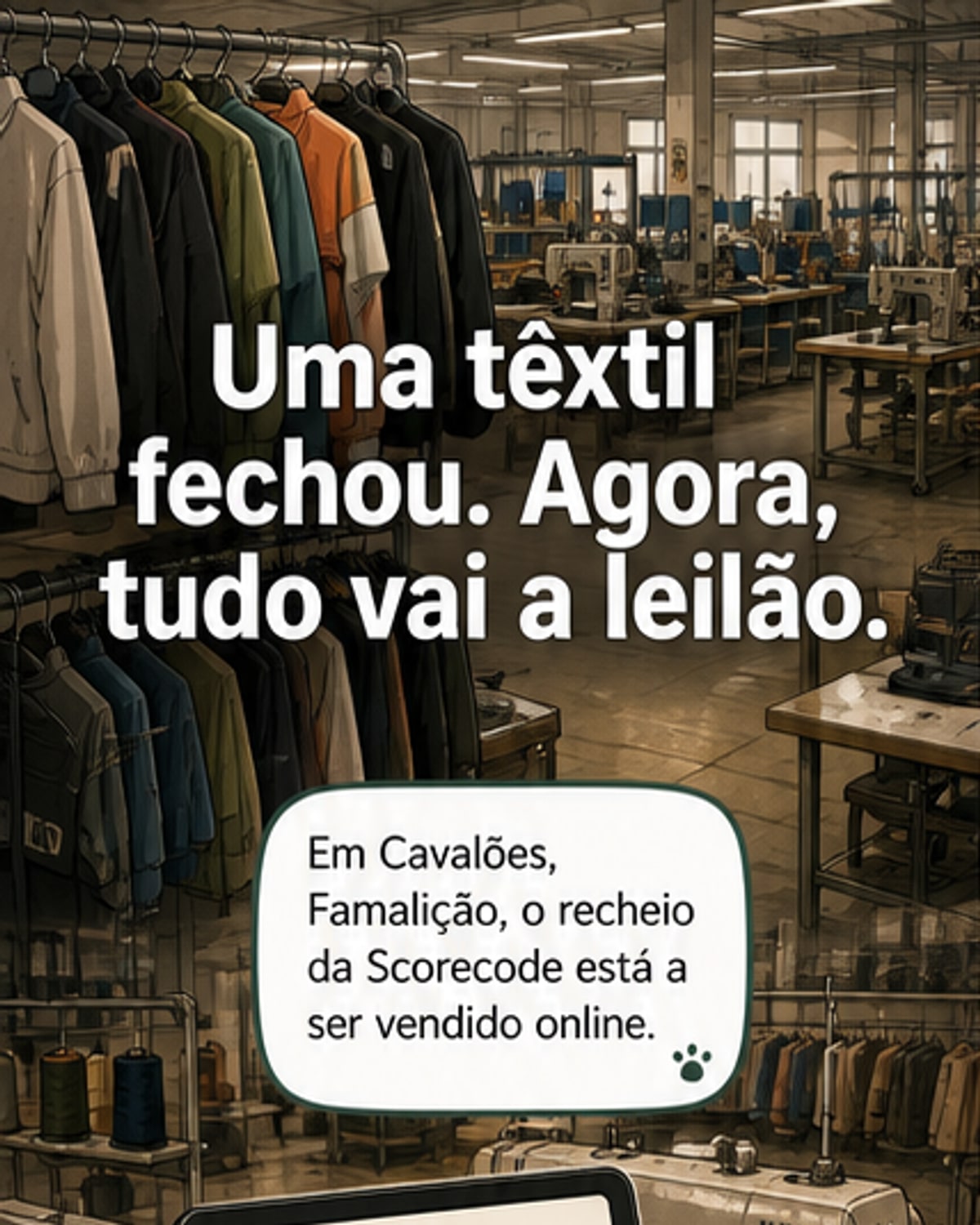 Leilão de máquinas e roupa de fábrica falida