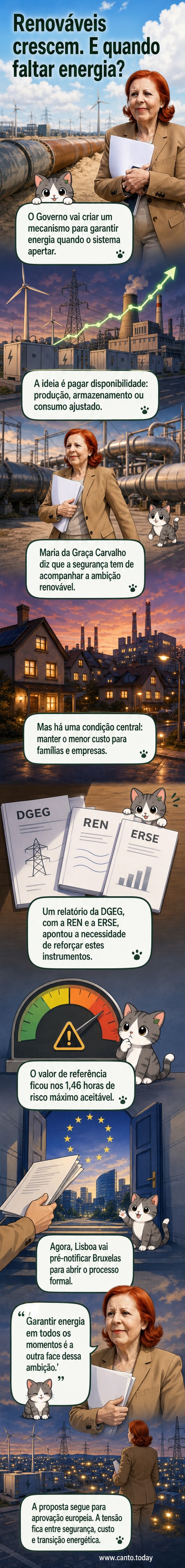 Ilustração de um painel solar, uma bateria e uma casa conectados por linhas elétricas, com o símbolo do governo português ao fundo.