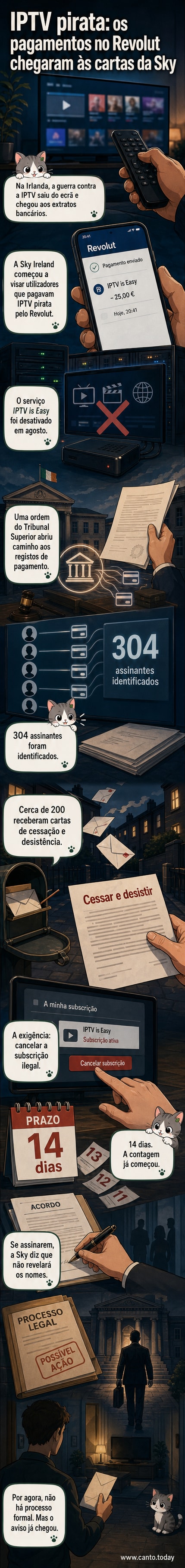 Ilustração de um cartão bancário Revolut com um cadeado vermelho e o logótipo da Sky sobreposto, simbolizando o rastreamento de pagamentos para combater IPTV pirata.