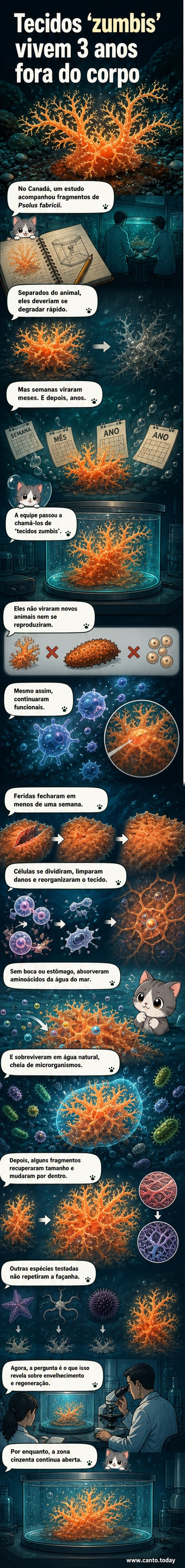 Ilustração de fragmentos de tecido de pepino-do-mar vivos em um tanque de água do mar, com células ativas e cicatrização em andamento.