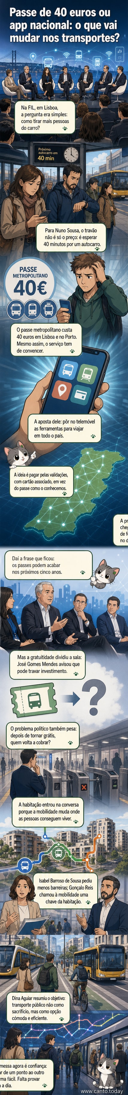 Ilustração de uma cidade inteligente com pessoas a usar smartphones para aceder a transportes públicos digitais, enquanto passes físicos desaparecem.