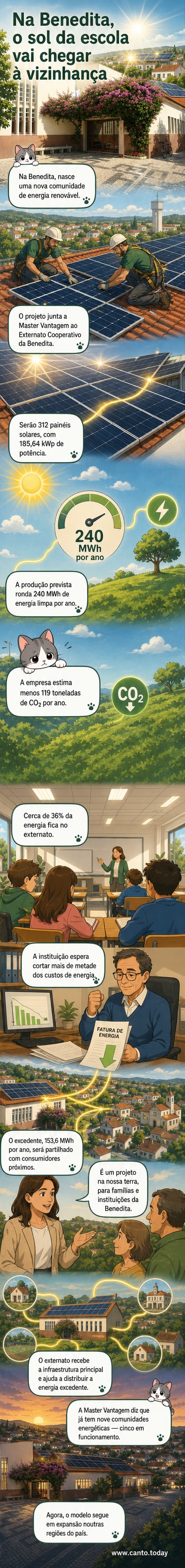 Ilustração de uma escola com painéis solares no telhado e famílias ao redor, simbolizando a partilha de energia limpa na comunidade da Benedita.