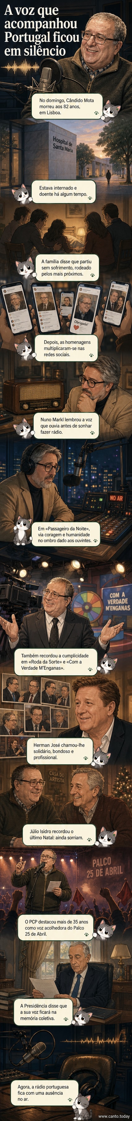 Retrato em preto e branco de Cândido Mota ao microfone, com fundo de estúdio de rádio e logotipos de programas como 'Passageiro da Noite' e 'Roda da Sorte'.