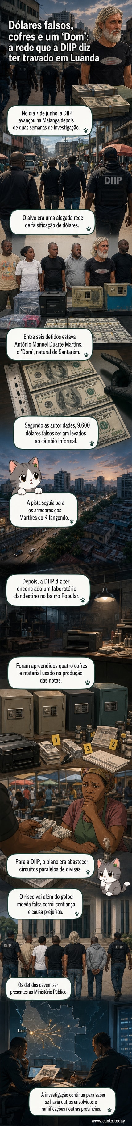 Ilustração de uma operação policial em Luanda com apreensão de dólares falsificados e equipamentos de impressão clandestina.