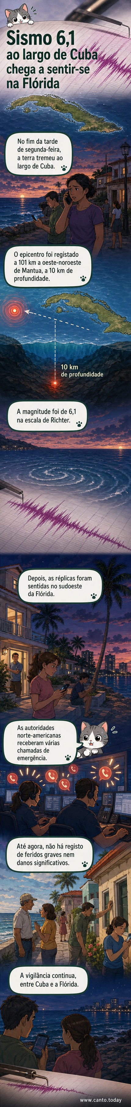 Ilustração de um mapa com epicentro do sismo destacado perto de Cuba, com ondas sísmicas a atingir a Flórida.