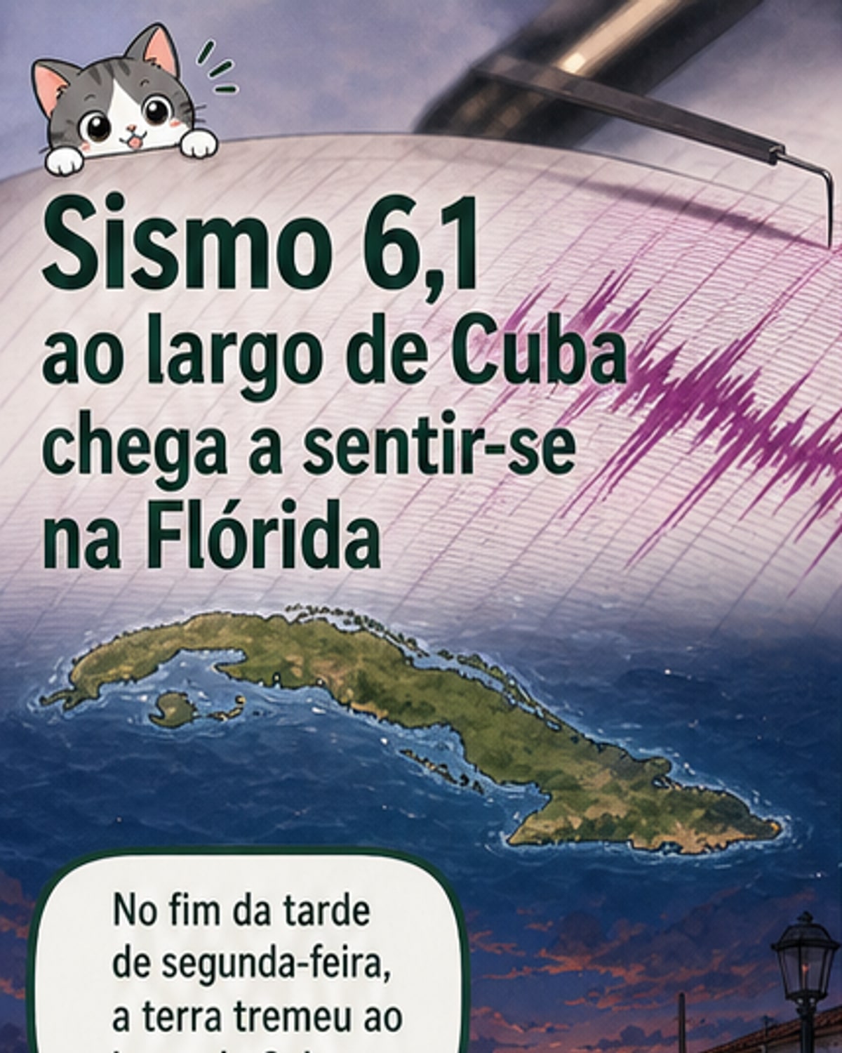 Ilustração de um mapa com epicentro do sismo destacado perto de Cuba, com ondas sísmicas a atingir a Flórida.