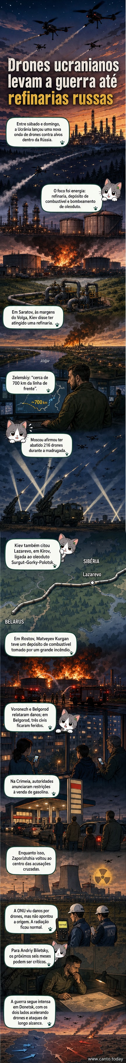 Ilustração de drones sobrevoando uma refinaria em chamas à noite, com mapa da Rússia em destaque mostrando os pontos atingidos em Saratov, Kirov e Rostov.