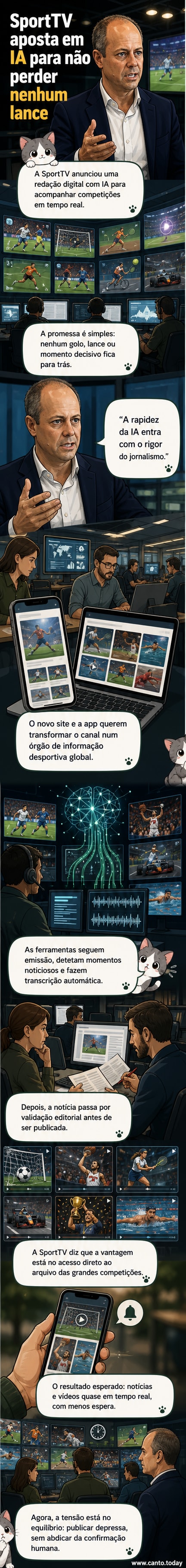 Ilustração de um estúdio esportivo com telas mostrando jogos em andamento e um robô digitando em um computador com a logo da SportTV ao fundo.