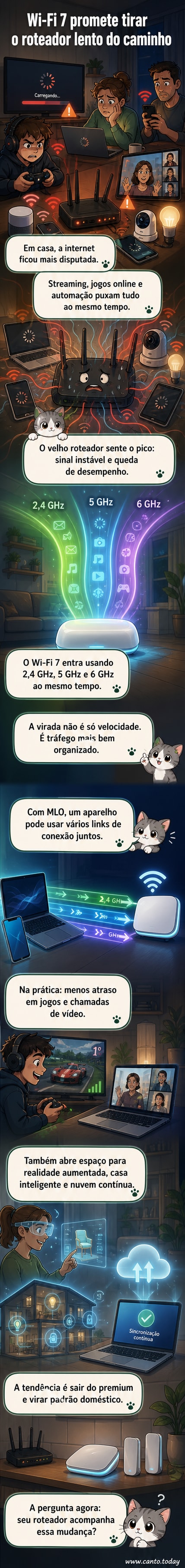 Ilustração de uma casa com dispositivos conectados, mostrando sinais de Wi-Fi 7 fluindo entre paredes sem interrupção, com ícones de celular, smart TV e câmera de segurança.