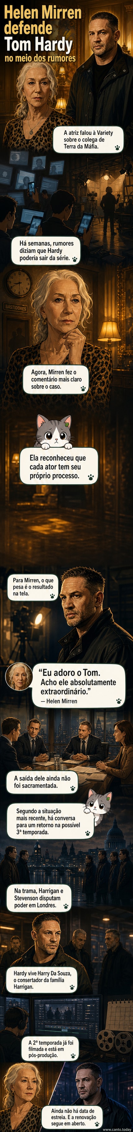 Helen Mirren e Tom Hardy em cena de 'Terra da Máfia', com expressões intensas em meio a um ambiente sombrio de confronto.