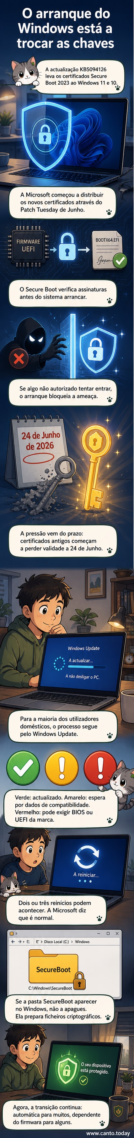 Ilustração de um escudo digital envolvendo um PC, com ícones de certificados e reinícios ao fundo, representando a atualização do Secure Boot da Microsoft.