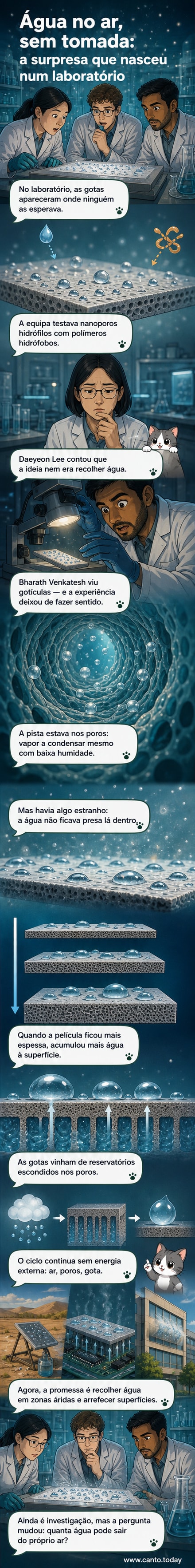 Ilustração de um filme fino com nanoporos atraindo moléculas de água do ar e formando gotículas na superfície, com estrutura interna em corte mostrando reservatórios de umidade.