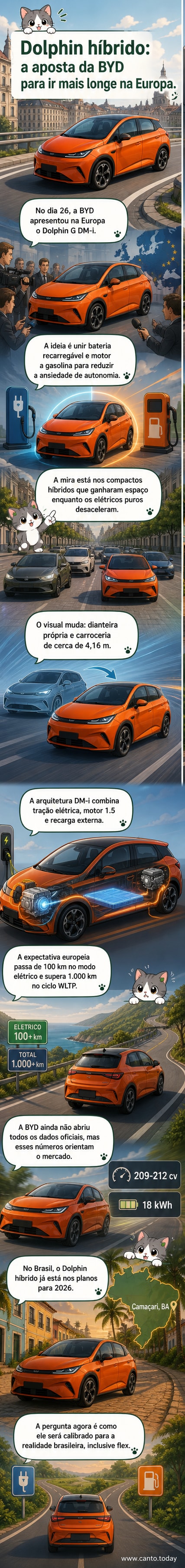 Ilustração do novo BYD Dolphin híbrido em versão europeia, com destaque para o design frontal redesenhado e faixa de autonomia de 1.000 km.