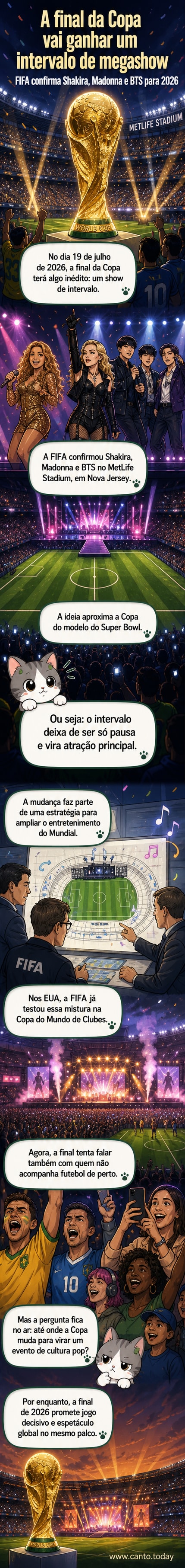 Três silhuetas de artistas no palco com luzes, ao fundo um estádio de futebol cheio, simbolizando o show histórico na final da Copa do Mundo 2026.