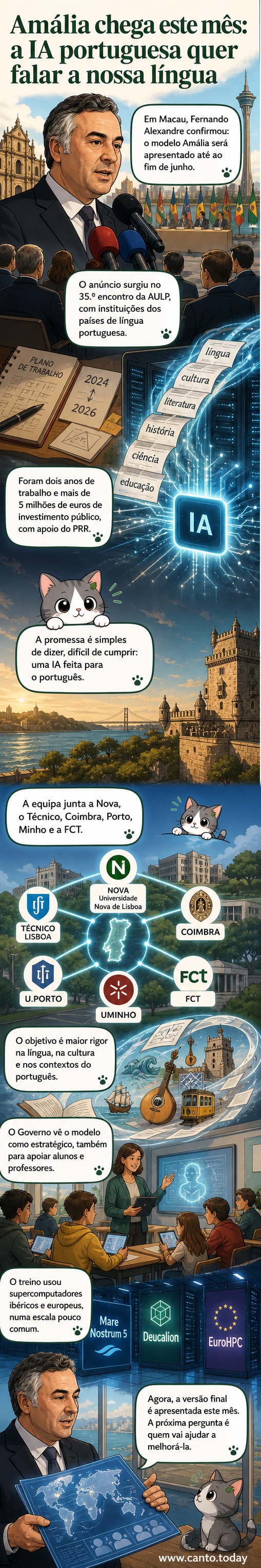 Ilustração de um modelo de IA com elementos da língua portuguesa e símbolos de países lusófonos, destacando o nome 'Amália' em destaque tecnológico.