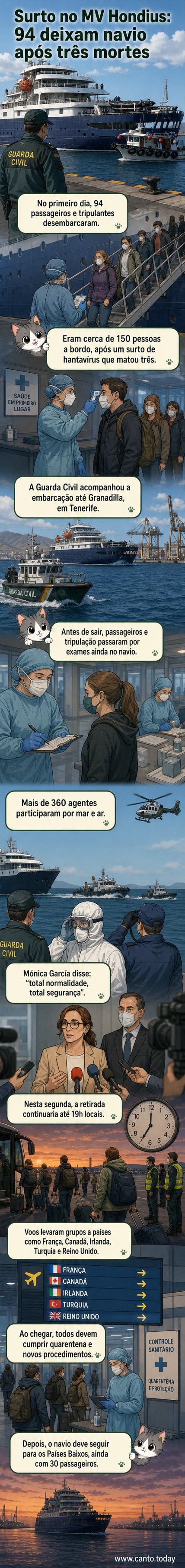 Navio de cruzeiro atracado em porto com equipes de emergência e autoridades de saúde supervisionando o desembarque de passageiros após surto de hantavírus.