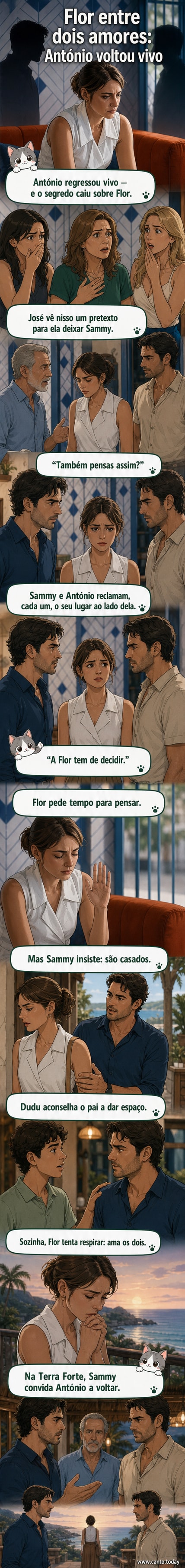 Cena da novela 'Terra Forte' com Flor no centro, entre os dois homens idênticos, Sammy e António, em tensão familiar.