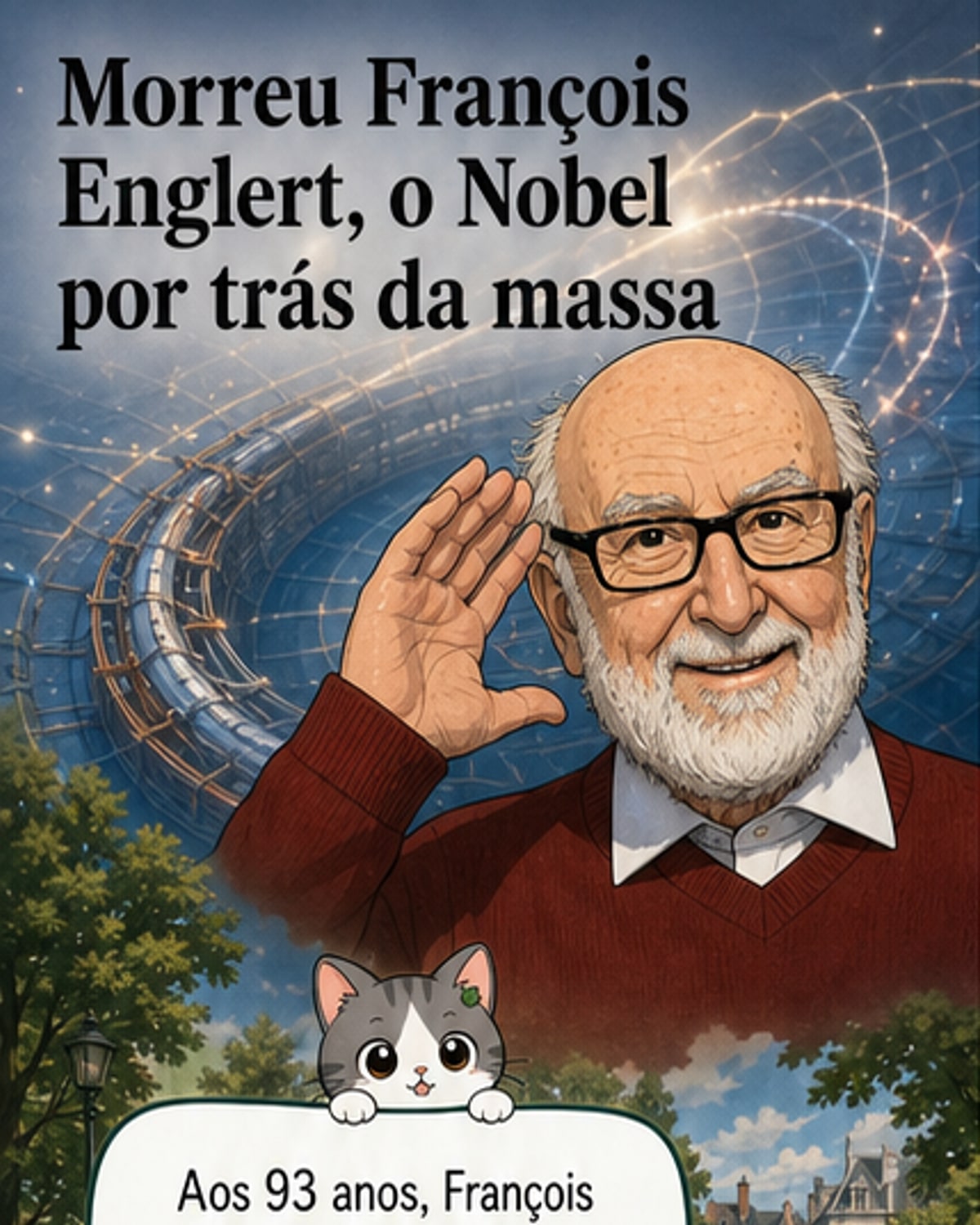 Retrato em tons sépia de François Englert, físico teórico belga, ao lado de um gráfico esquemático representando o campo de Higgs e partículas adquirindo massa.
