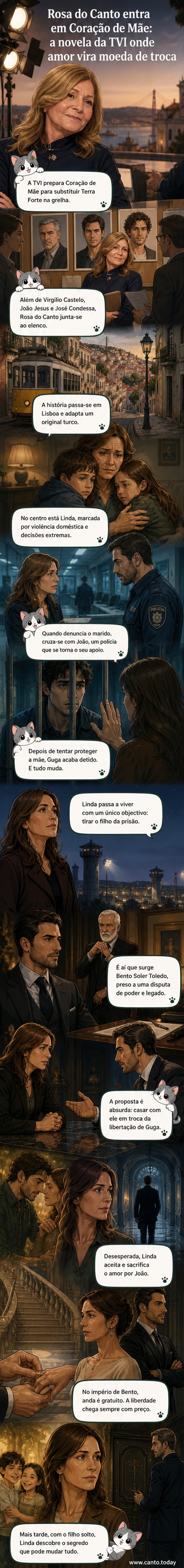 Rosa do Canto em cena dramática como parte do elenco da nova novela da TVI, 'Coração de Mãe', com foco em uma mãe enfrentando dilemas extremos por amor ao filho.