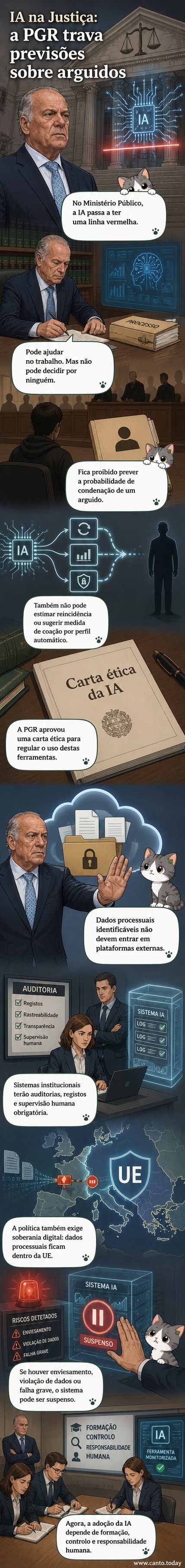 Ilustração de um juiz segurando um martelo, com um circuito de IA ao fundo sendo bloqueado por uma barreira com o símbolo de proibido.
