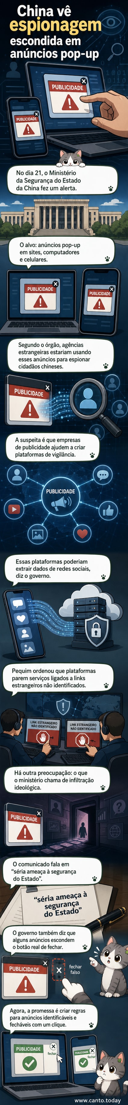Ilustração de um pop-up suspeito em um celular, com ícone de olho escondido e seta apontando para conteúdo anti-China.