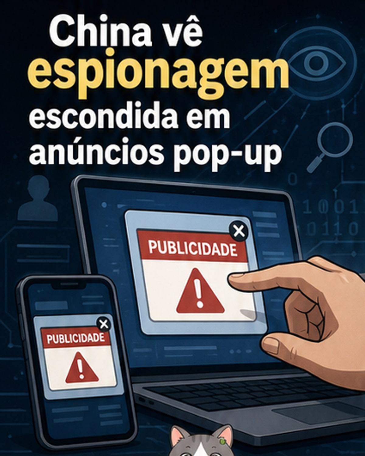 Ilustração de um pop-up suspeito em um celular, com ícone de olho escondido e seta apontando para conteúdo anti-China.