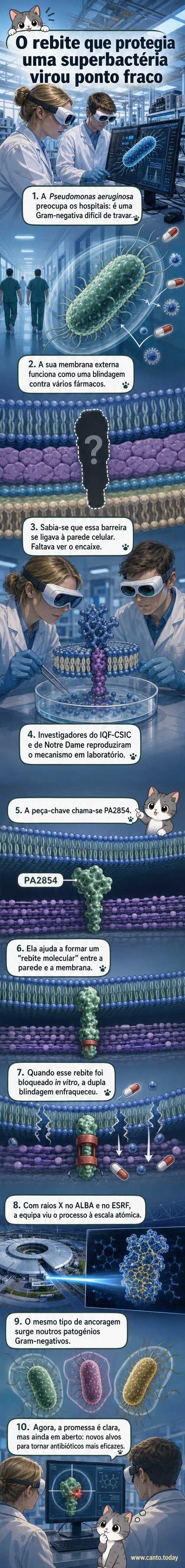 Ilustração científica mostrando a estrutura da bactéria Pseudomonas aeruginosa com destaque para o 'rebite molecular' que liga a membrana externa à parede celular.