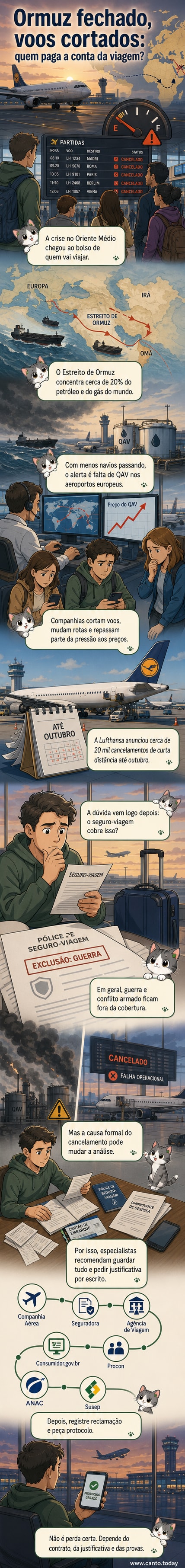 Mapa mostrando o Estreito de Ormuz com avião e tanque de petróleo, simbolizando a interrupção no abastecimento aéreo por tensão geopolítica.
