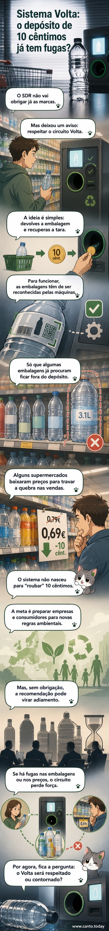 Ilustração de uma garrafa de plástico com etiqueta 'Volta' e uma moeda de 10 cêntimos ao lado, parcialmente coberta por uma seta de reciclagem com advertência.