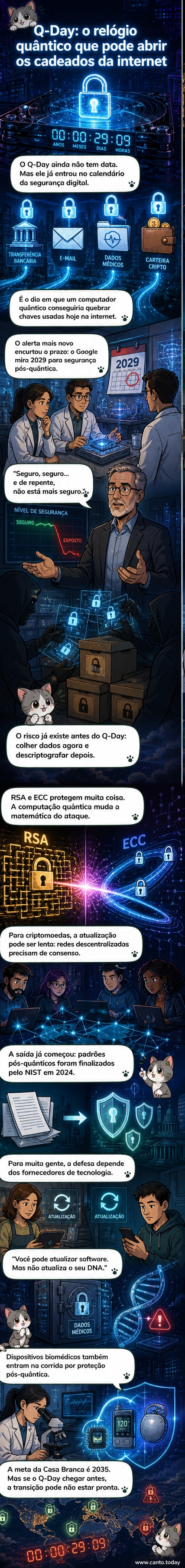 Ilustração de um computador quântico ao lado de um cadeado digital quebrado, com linhas de código caindo como fragmentos, simbolizando a vulnerabilidade da criptografia atual frente ao avanço quântico.