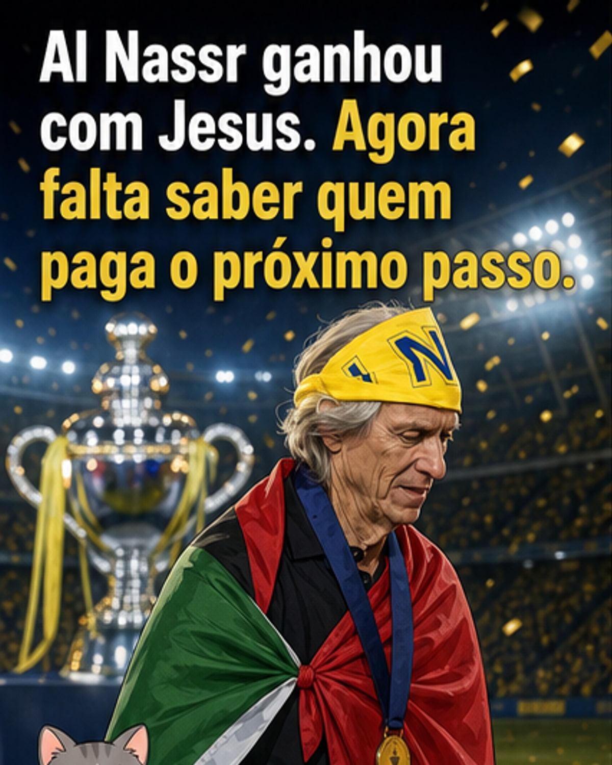 Ilustração de um campo de futebol vazio com a equipa técnica ausente, simbolizando a incerteza no Al-Nassr após a saída de Jorge Jesus.